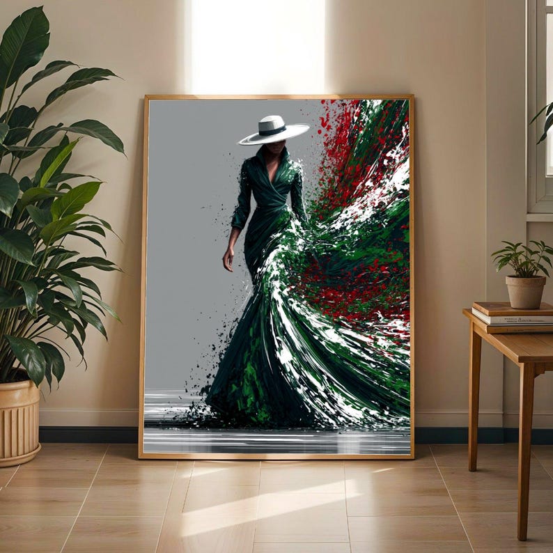 Black Woman Fashion Art Print | Emerald Gown Abstract Splash Wall Art