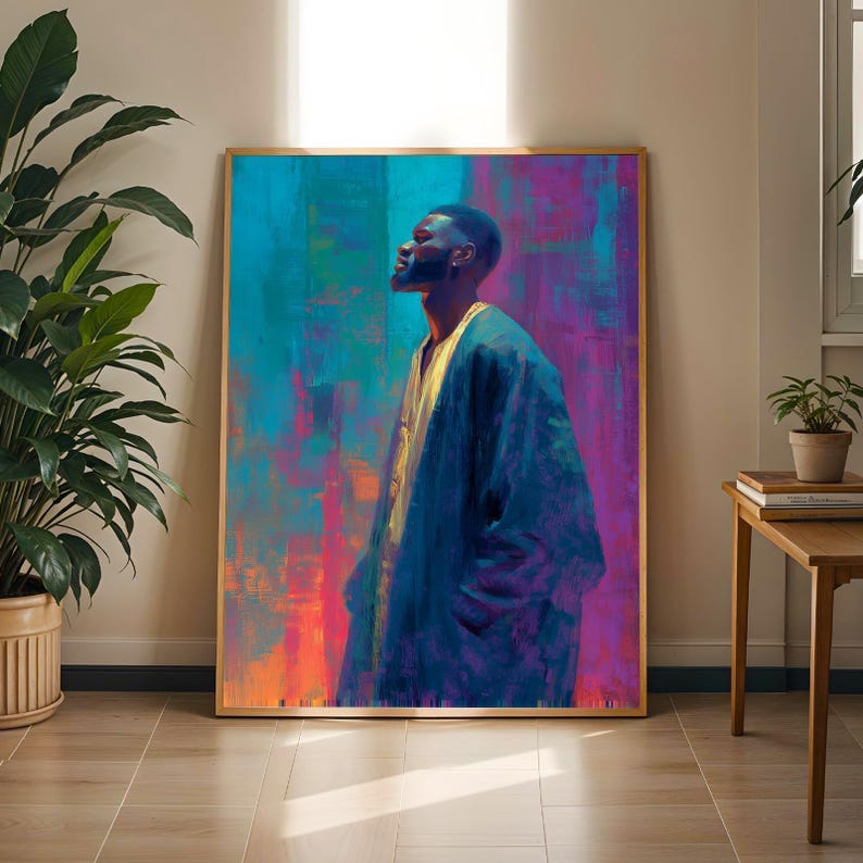 Abstract Figure Art Print: Teal & Purple Brushstrokes