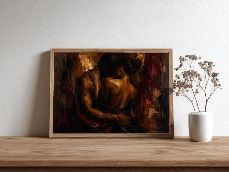 Black Couple Embrace Art Print, Bold Palette, Moody Figurative image 8