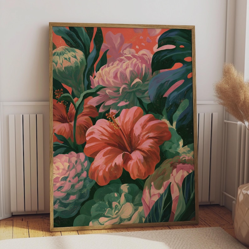Vibrant Abstract Floral Art Print, Colourful Hibiscus, Tropical Wall Decor, Afrocentric Design