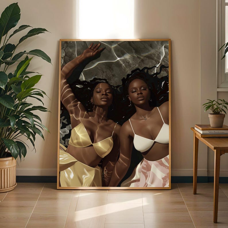 Black Women Underwater Art Print, Melanin Goddess Serenity Decor, Afrocentric Home Design