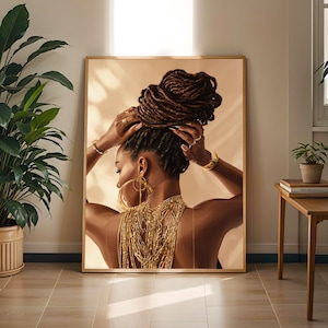 Afrocentric Woman with Locs Art Print: Gold Boho Wall Decor
