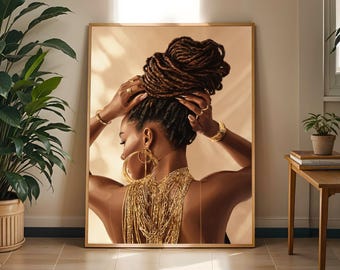 Afrocentric Woman with Locs Art Print: Gold Boho Wall Decor