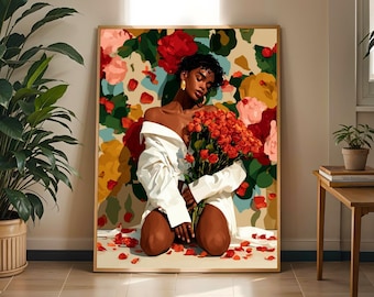 Woman with Roses Art Print: Afrocentric Floral Wall Decor