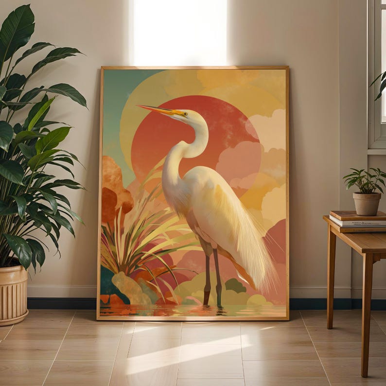 Majestic Egret Poster | Contemporary Digital Illustration – Art Lovers Gift