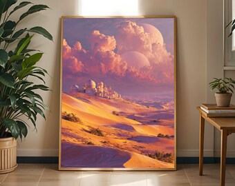 May include: A rectangular wall art print featuring a desert landscape with rolling orange sand dunes, a cluster of white domed buildings on a distant ridge, and a sky filled with pink and purple clouds and two large, pale celestial spheres.