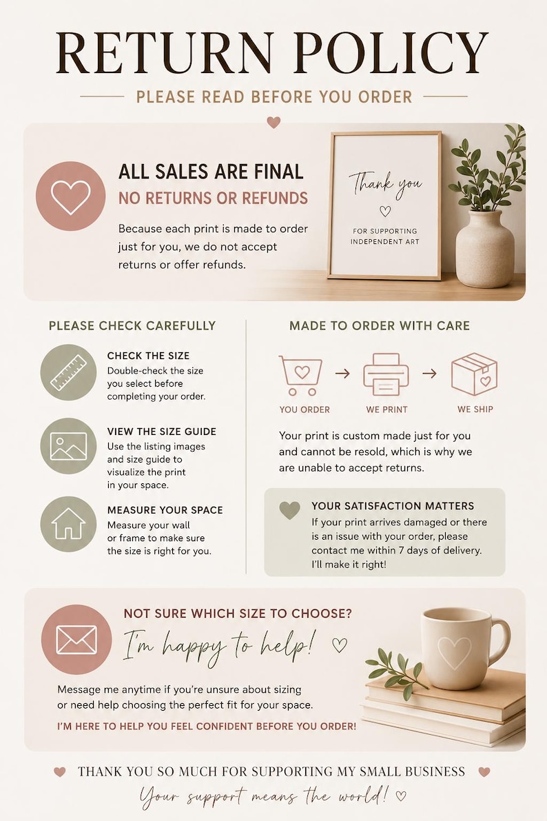 The image is a return policy flyer for a small business, providing information on the return policy and instructions for customers.