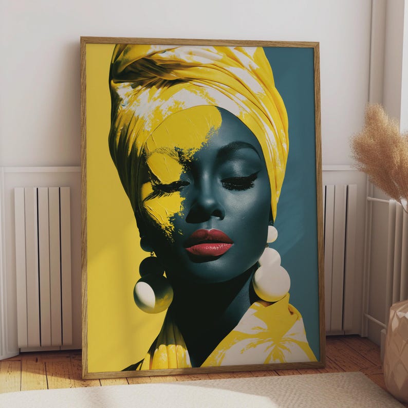 Abstract Afrocentric Art Print, Bold Yellow Portrait, Black Woman Wall Decor, Empowerment Art