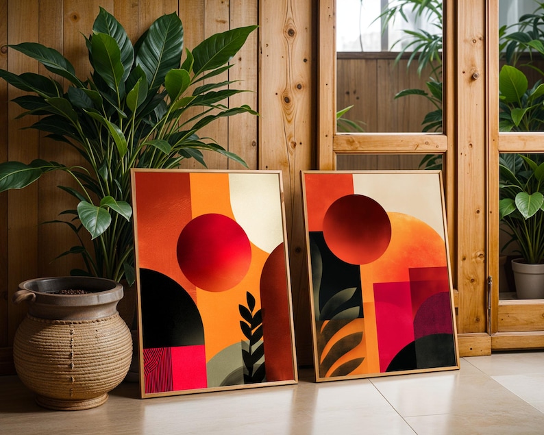 Set of 2 Abstract Artwork – Afrocentric Art Print, Abstract Geometric, Rustic Red, Orange, Green, Pink Tones - Digital Download