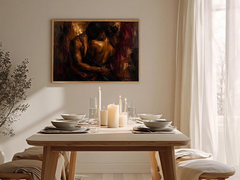 Black Couple Embrace Art Print, Bold Palette, Moody Figurative image 11