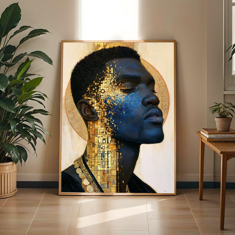 Golden Mosaic King Wall Art Print | Afrocentric Black Man Portrait Poster | Empowerment Home Decor