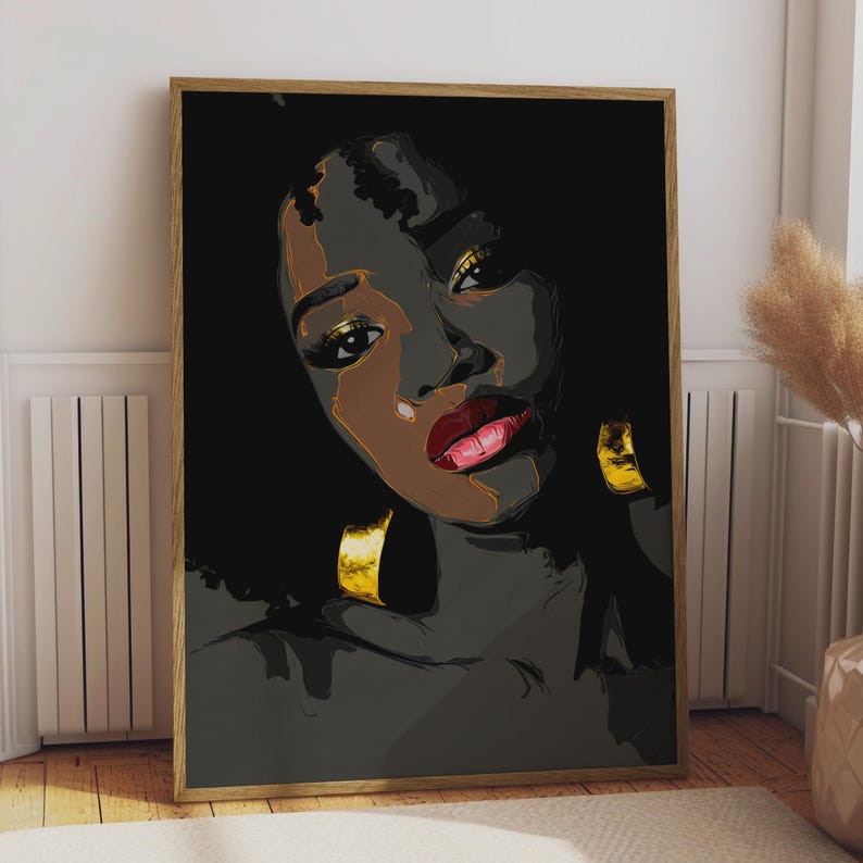 Abstract Afrocentric Black Woman Portrait, Gold Jewellery Wall Art Print