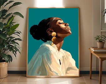 May include: A framed wall art print featuring a stylized illustration of a person with dark skin and hair in a bun, wearing a white blouse and large gold earrings. The subject is shown in profile against a solid teal background with light.
