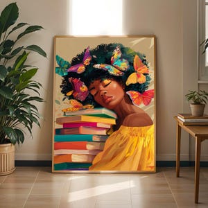 Afrocentric Woman with Butterflies Art Print: Modern Boho Wall Decor