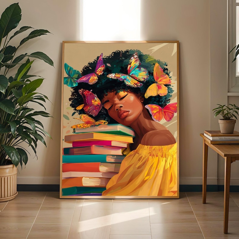 Afrocentric Woman with Butterflies Art Print: Modern Boho Wall Decor
