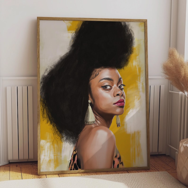 Abstract Afrocentric Black Woman Portrait, Natural Hair Art Print, Gold Wall Decor