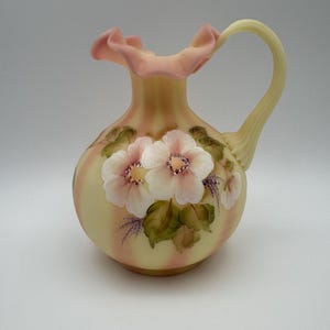 Fenton Burmese Art Glass Floral Pitcher Honoring Bill Fenton 56 years (1946-2002) of Service Hand Painted by Christina Riggs