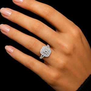 Emerald Cut Halo Diamond Engagement Ring, Double Halo Ring, 18K Gold Lab Grown Diamond Ring, Split Shank Bridal Ring