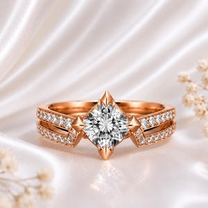 Princess Cut Lab-Grown Diamond Engagement Ring, 18K White Gold Split Shank, Pave Band