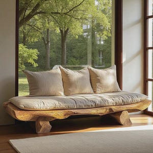 Rustic Solid Wood Floor Sofa | Handmade Wabi-Sabi Platform Couch | Minimalist Japanese Wooden Sofa for Home Decor