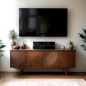 Wooden TV Stand, Unique Carved Wooden Media Center modern farmhouse style tv console, wooden tv stand for living room