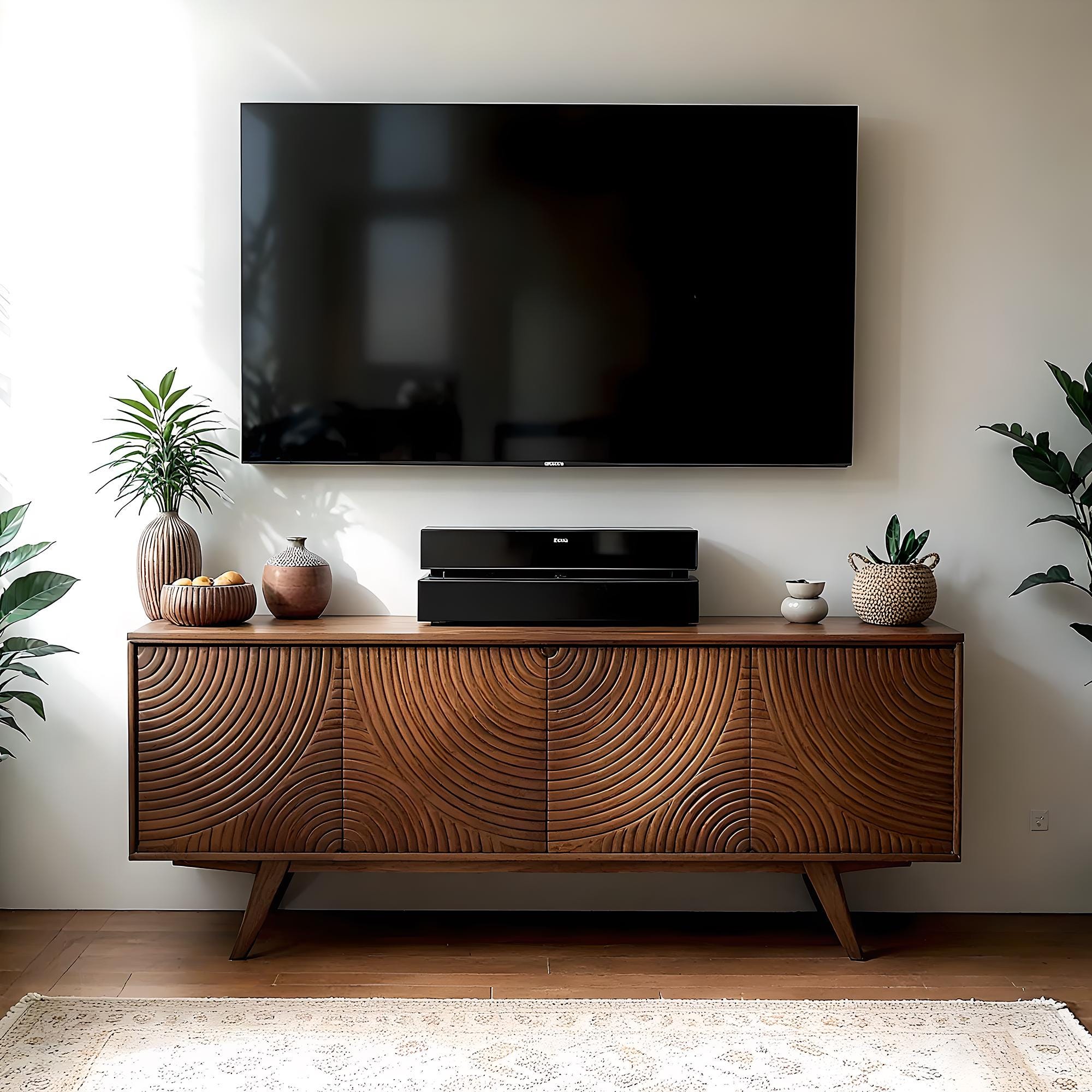 Wooden TV Stand, Unique Carved Wooden Media Center modern farmhouse style tv console, wooden tv stand for living room