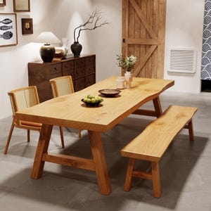 Modern Japanese Style Dining Table – Rustic Solid Wood Table with Simple Chairs for Kitchen or Living Room