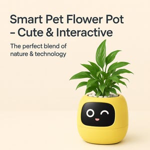 May include: A yellow Smart Pet Flower Pot with a black screen displaying a smiling face. The pot holds a green plant with white stones. Text reads "Smart Pet Flower Pot - Cute & Interactive" and "The perfect blend of nature & technology."