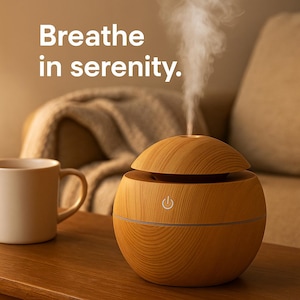 Op de afbeelding: Een lichtbruine houten diffuser voor etherische olie, met een afgeronde vorm en een afneembare bovenkant. De diffuser heeft een aan/uit-knop en geeft stoom af. De tekst "Breathe in serenity" is zichtbaar.