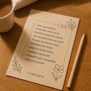 May include: A to-do list on a tan paper with the text "TO DO" and a list of tasks in French. A wooden pencil rests on the right side of the paper. The paper has a floral design and the word "LYMPHAYA" at the bottom.