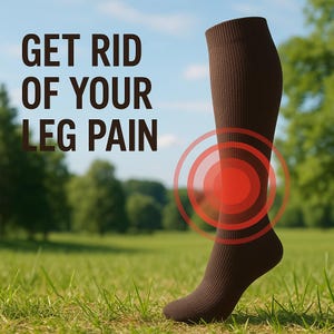 Puede incluir: Un calcetín de compresión marrón se muestra sobre un fondo de hierba verde y árboles. El texto "GET RID OF YOUR LEG PAIN" se muestra en negrita. Un gráfico rojo indica dolor en la pierna.
