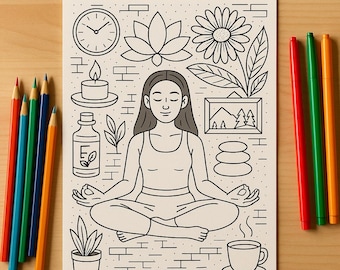 Può includere: Un disegno a tratto in bianco e nero di una persona che medita, circondata da illustrazioni a tema yoga e meditazione. Matite colorate e pennarelli sono disposti sulla superficie di legno, pronti per colorare l'immagine.