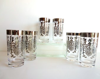 Vintage Kimiko Guardian Shield Glasses ~ Silver Rim Set of 6 Highball Glasses