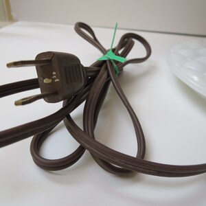 May include: A brown electrical cord with a two-prong plug, secured with a green cable tie. The cord is coiled, and a portion of a white, textured, glass object is visible in the background.