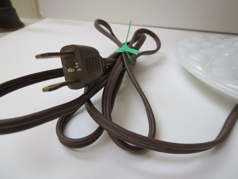May include: A brown electrical cord with a two-prong plug, secured with a green cable tie. The cord is coiled, and a portion of a white, textured, glass object is visible in the background.