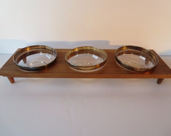 Serving Set - Walnut Wood Caddy - Dorothy Thorpe Glass Bowls with Sterling Silver Rim - Condiment Server