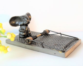 Vintage Mouse Figurine - Mouse on Mouse Trap - Metal Figurine - Paperweight - Desk - Office Decor
