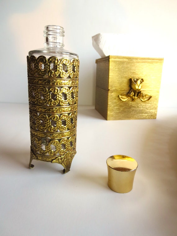 Vintage Perfume Bottle - Gold Metal Filigree - Ho… - image 5