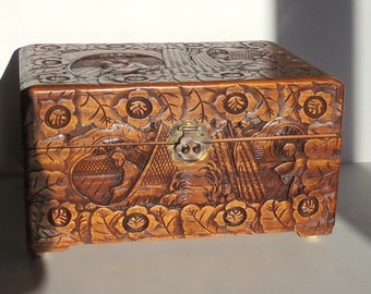 Carved Wooden Box - Vintage Asian Inspired Carved