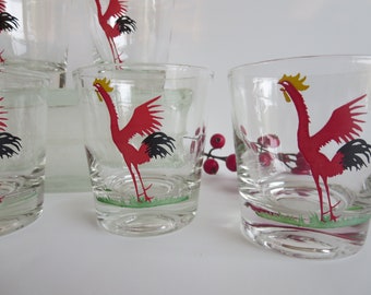 Vintage Federal Red Rooster 5 Oz Juice Lowball or Rocks Glasses 1950's Clear w/Red Crowing Rooster