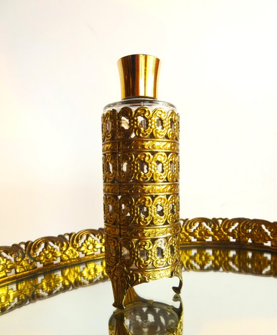 Vintage Perfume Bottle - Gold Metal Filigree - Ho… - image 1