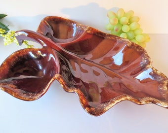 Vintage Hull Brown Drip Pottery Leaf shaped Dish - 3 Section Chip and Dip - Appetizer Dish/Platter Large Glazed Ceramic Platter Centerpiece