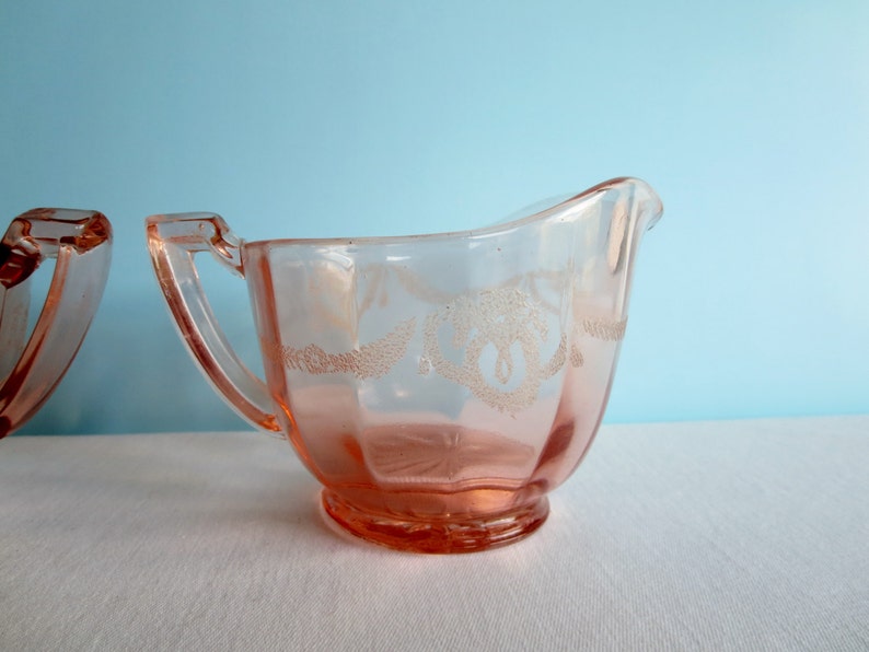 Vintage Pink Sugar Bowl and Creamer Etched Glass Depression Glass Etsy