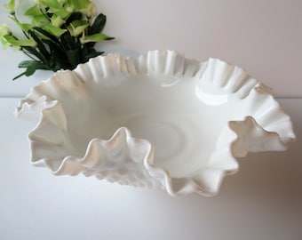 Fenton Hobnail Milk Glass Bowl - Ruffled Edges - Large Bowl