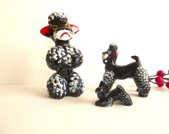 Vintage Black Poodles, Redware Poodle Dogs, Ceramic Poodle Figurines