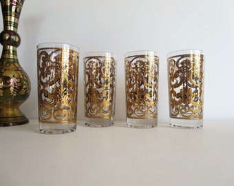 Vintage Culver Glasses - Gold Baroque Scroll - Tall Tumblers