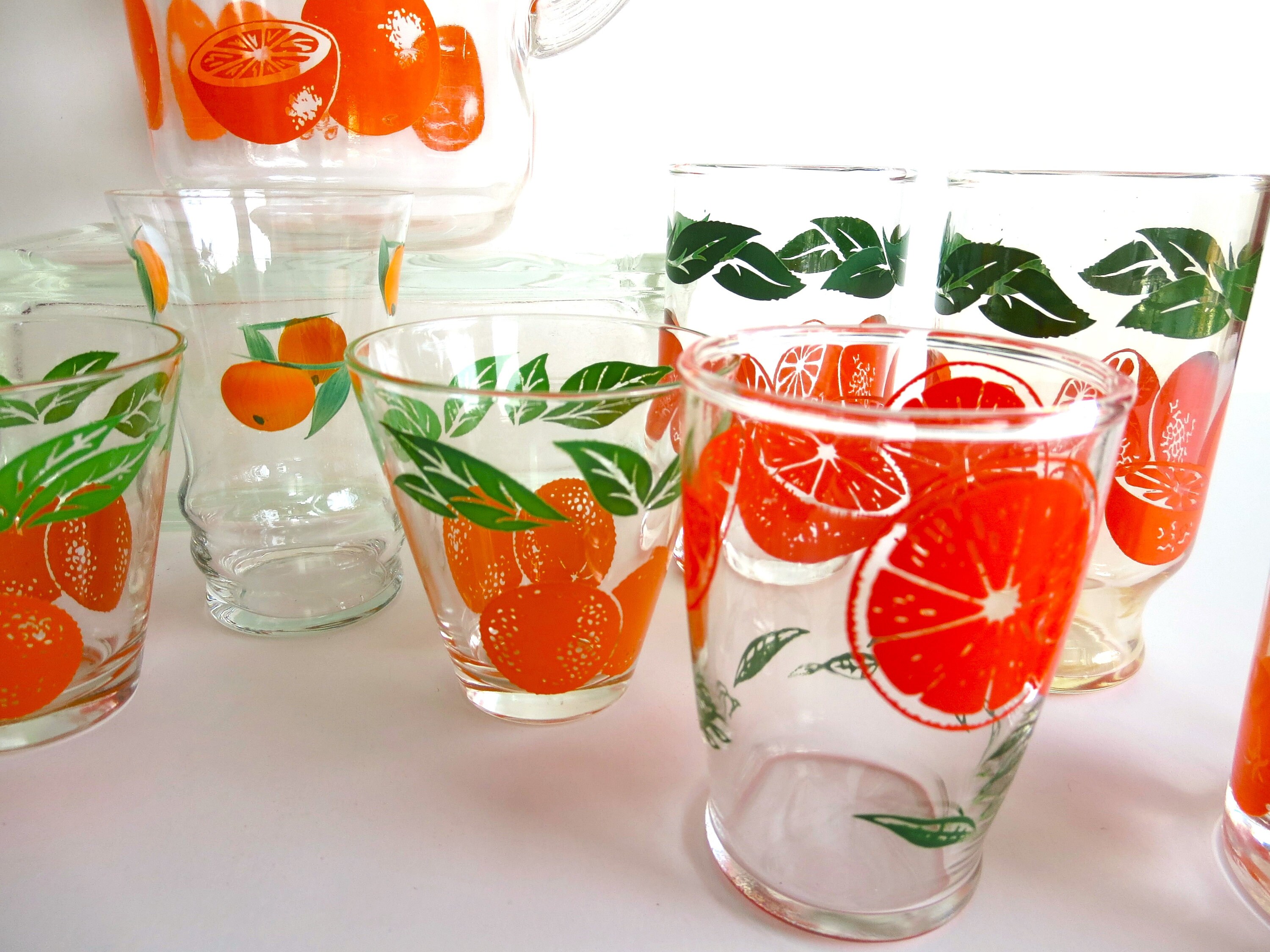 Set(11) Vintage Sangria Set Pitcher Tumblers Vibrant Fruits Juice Glasses  FRANCE