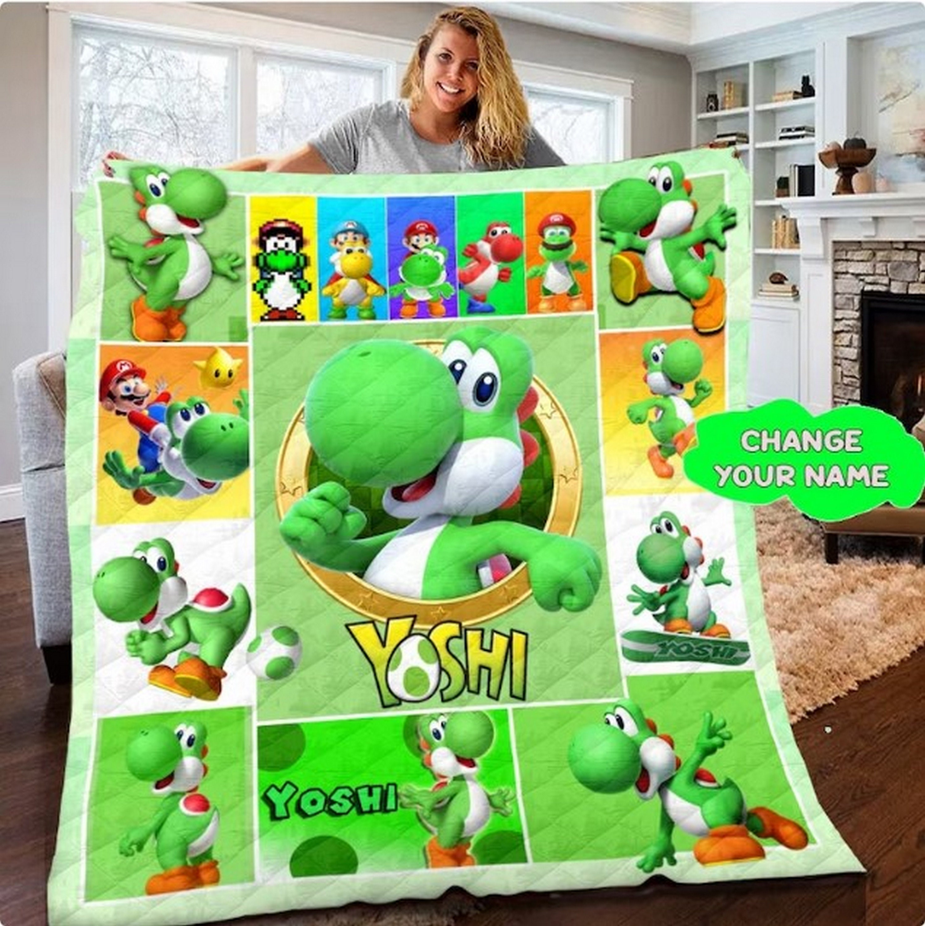 Personalized Yoshi Mario Blanket, Customized Super Mario Quilt, Super