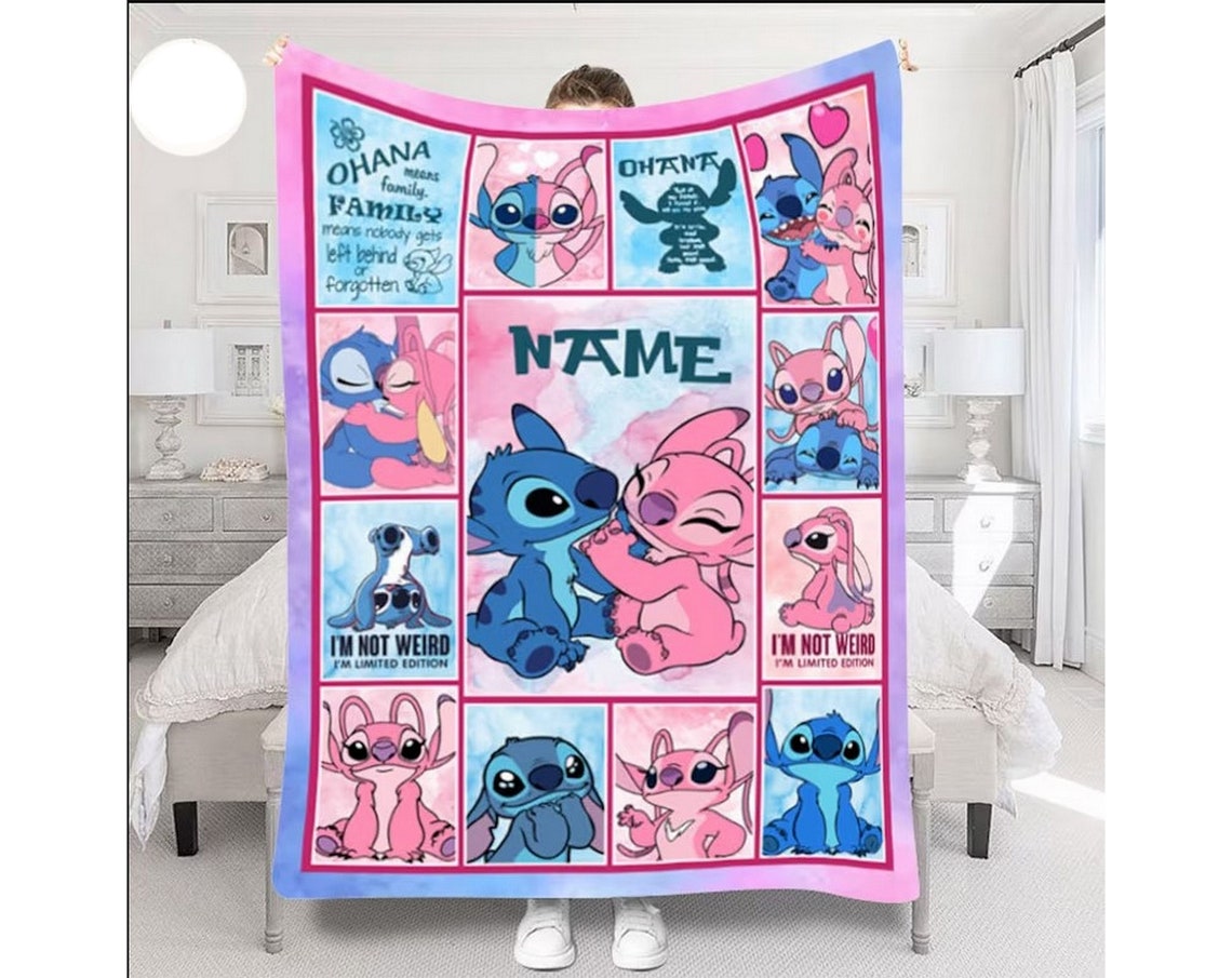 Personalized Name Stitch Angel Blanket, Custom Dis.ney Blanket, Stitch Blanket, Dis.ney Trip