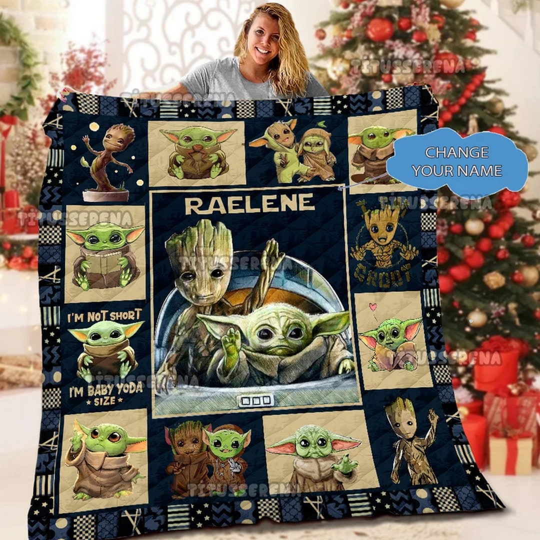 Personalized Baby Yoda Grogu Quilt Fleece Blanket, Baby Yoda Bedding